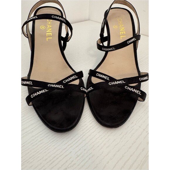 Chanel Vintage Logo Grosgrain Strap Sandals Black Heels EU 39.5 Minimalist Shoes